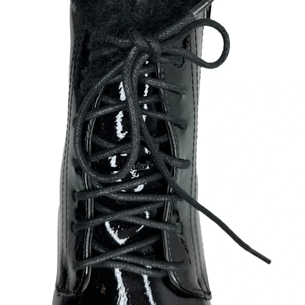 Mia Youth Girls Fashion‎ Boot Size 2Y Black Glitter Accent Faux Fur Trim Lace up